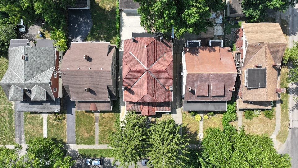 Top-down aerial view of a row of homes and rooftops in Cleveland Heights